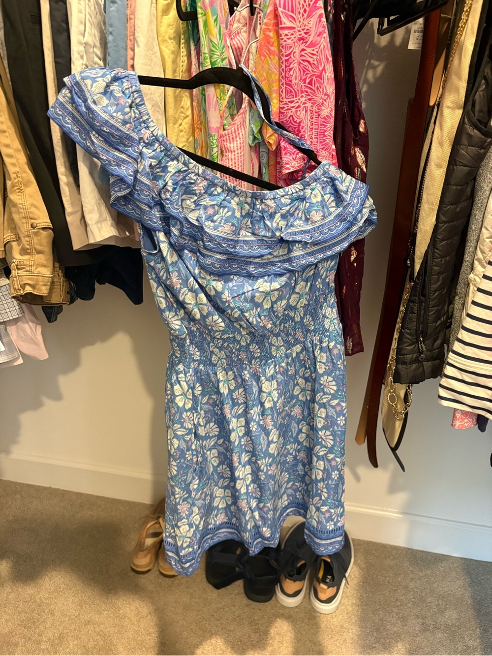 Vineyard Vines Blue Floral One-Shoulder Ruffle Dress